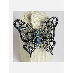 PEWTER FILIGREE  Butterfly Brooch Pin Aqua Aurora Borealis Crystals